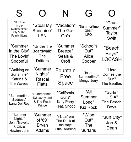 Fountain Virtual Summertime Songo Bingo! Bingo Card