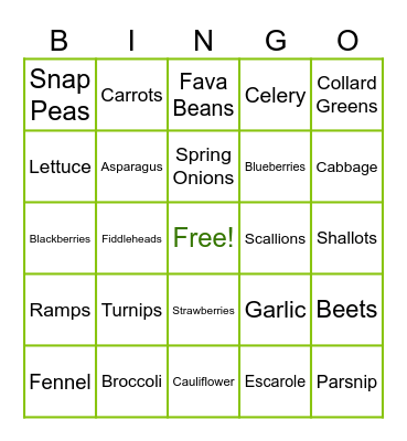 Spring Fruits and Veggies Bingo Card