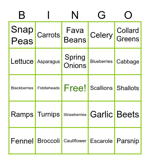 Spring Fruits and Veggies Bingo Card