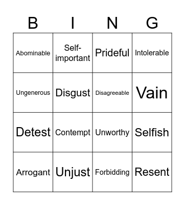 Pride and Prejudice Bingo Card