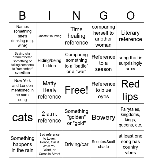 TTPD Bingo Card