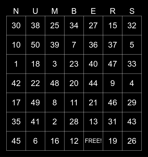 Bingo Numbers 1-50 Bingo Card
