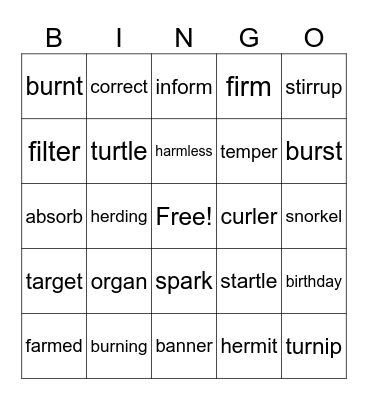 VOWEL-R SYLLABLES Bingo Card