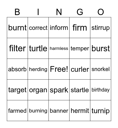 VOWEL-R SYLLABLES Bingo Card