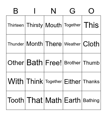 Th Pronunciation Bingo Card