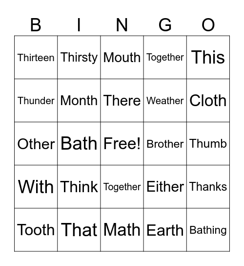 Th Pronunciation Bingo Card