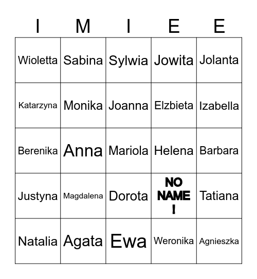 Imiona Zenskie Bingo Card