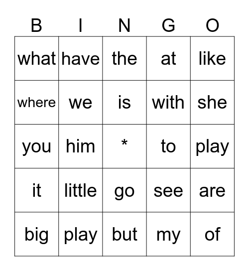 Sight Word Bingo Card