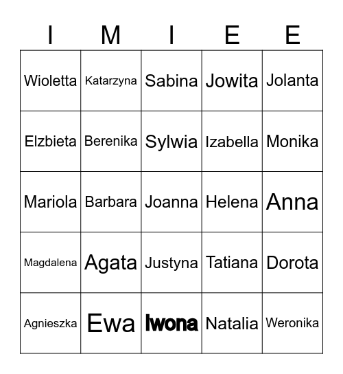 Imiona Zenskie Bingo Card