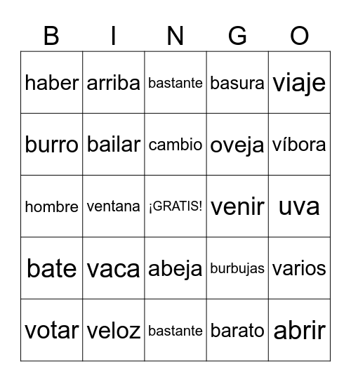 Palabras con "b" o "v" Bingo Card