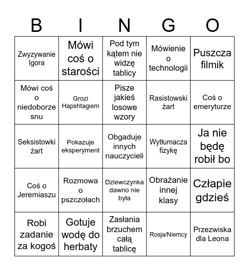 fizyka Bingo Card