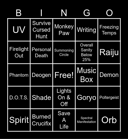 Phasmophobia Bingo Card