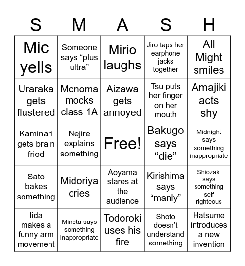 MHA Bingo Card