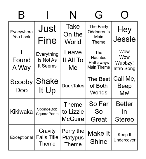 Theme Songs Bingo Card