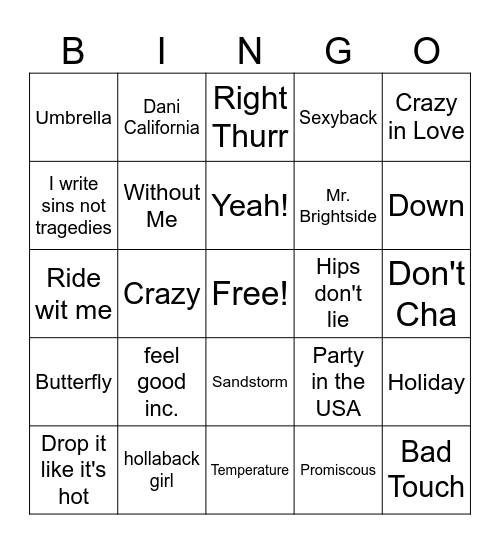 00's Summer Hits Bingo Card