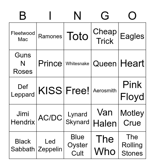 Rock Classics Bingo Card