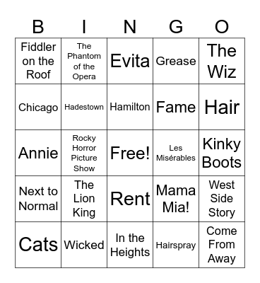 Broadway Musicals Bingo Card