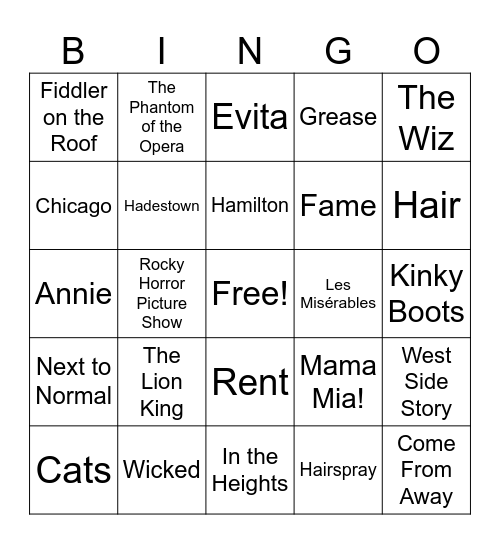 Broadway Musicals Bingo Card