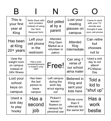 King Cobras Bingo Card