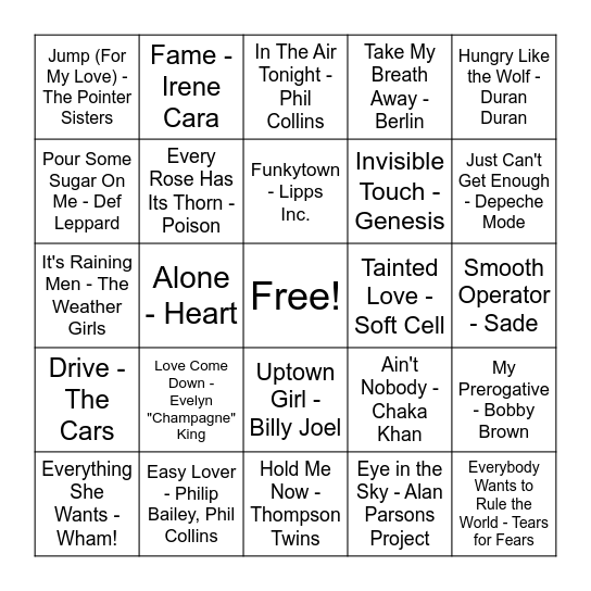 80's Music Bingo Card