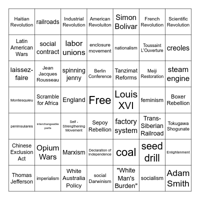 Period 3 Review (1750-1900) Bingo Card