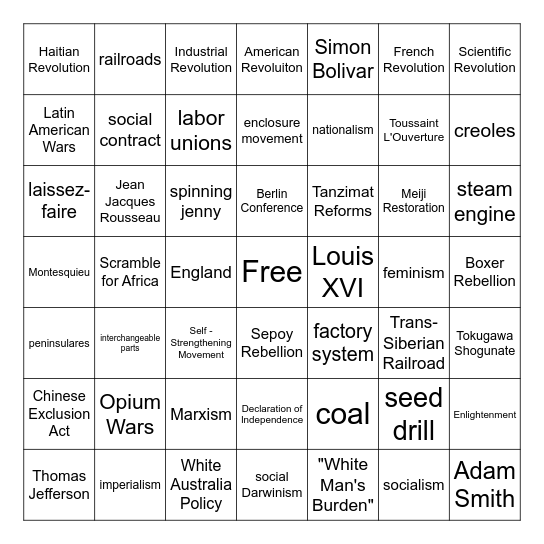 Period 3 Review (1750-1900) Bingo Card