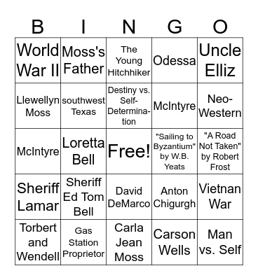 "No Country for Old Men" Bingo Card