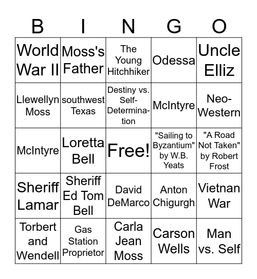 "No Country for Old Men" Bingo Card