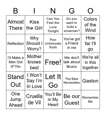 Disney Songs Bingo Card