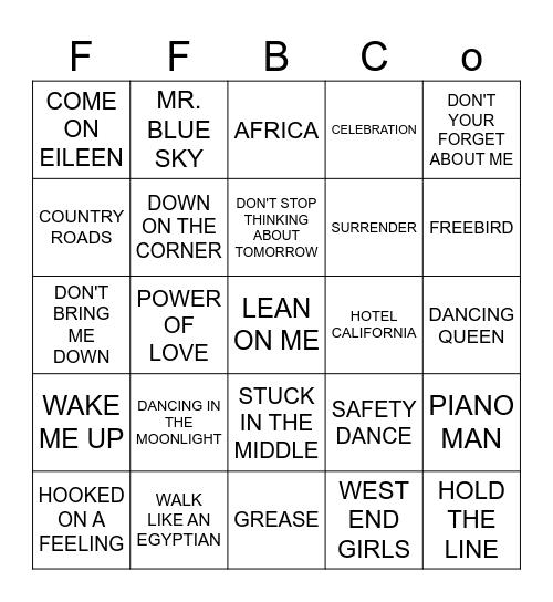 70s & 80s Bingo Card