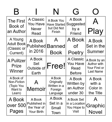 Summer Book Bingo Card