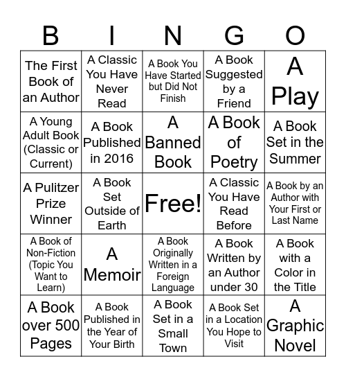 Summer Book Bingo Card