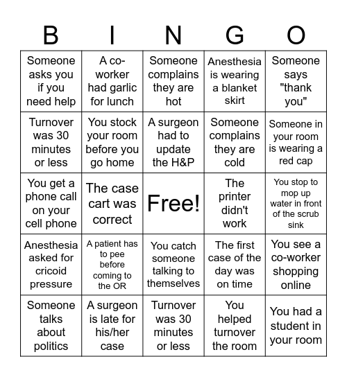 Operating Room Bingo Card