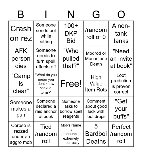 Intervention Raiding Bingo Card
