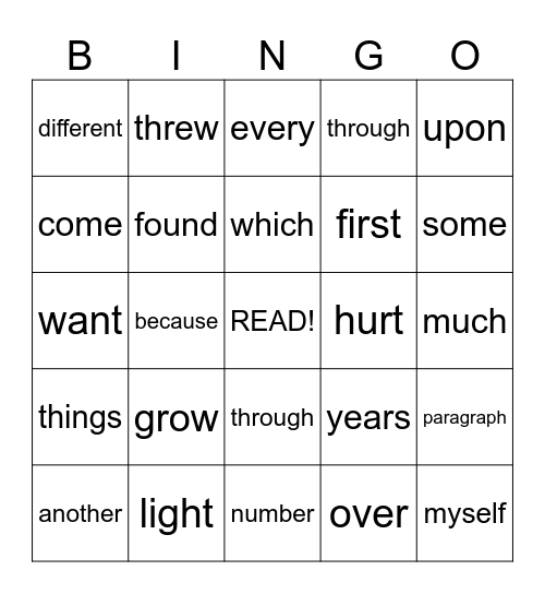 5th Grade Sight Words Bingo Card