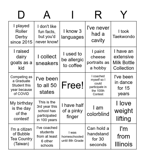 100th Contest Student Mixer Bingo Card