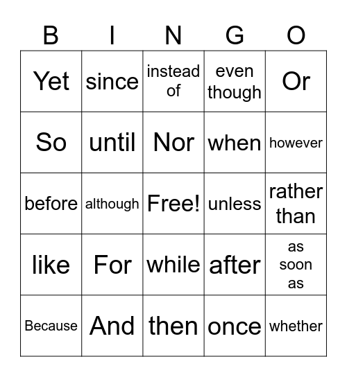 conjunctions! Bingo Card