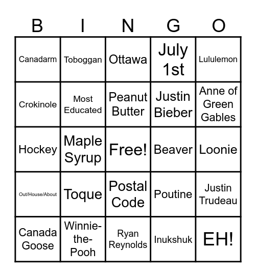 Canadian Bingo Card