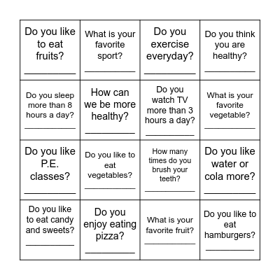 Healthy Me Bingo Card
