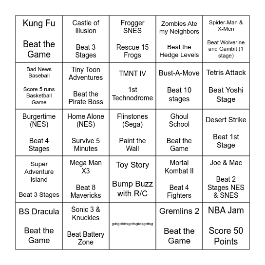 Video Game Bingo Card