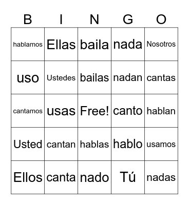 AR Verbs Bingo Card