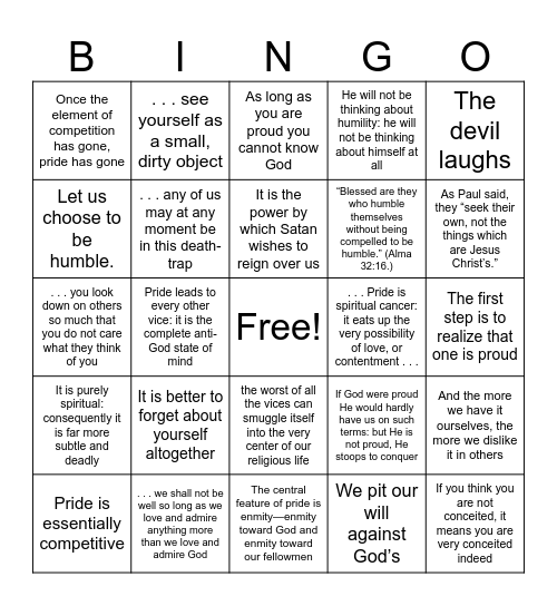 THE SIN OF PRIDE Bingo Card