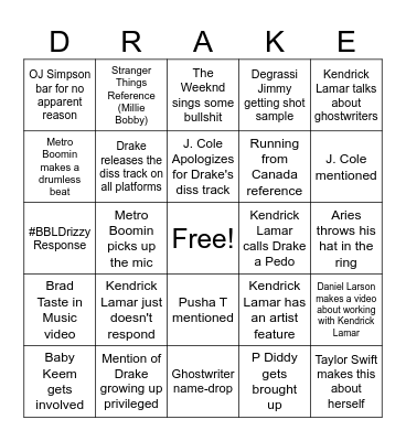 Kendrick x Drake Beef Bingo Card