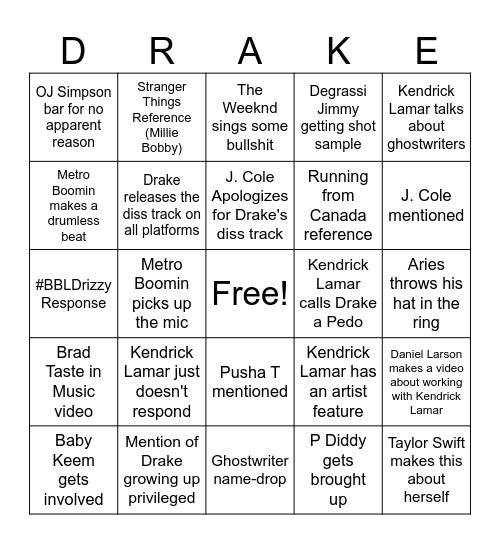 Kendrick x Drake Beef Bingo Card