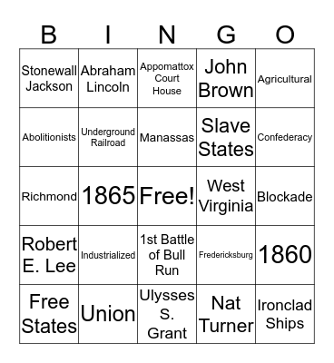 Virginia in the Civil War Bingo Card