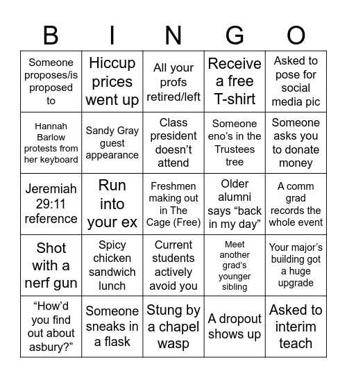 Merciful Class Reunion Bingo Card