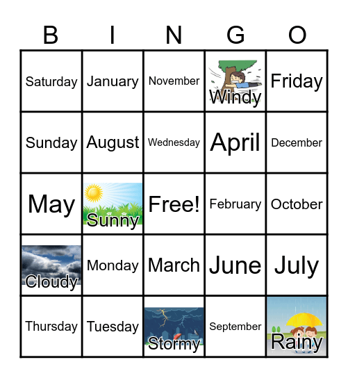 Days / Months / Weathers Bingo Card