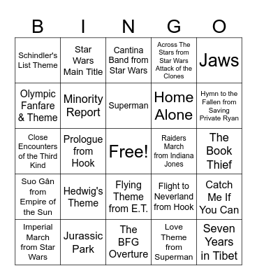 John Williams Movie Themes Bingo Card