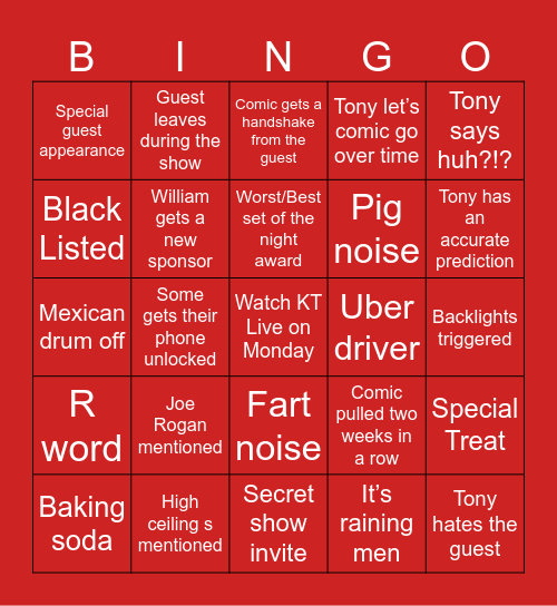 KillTony Bingo Card