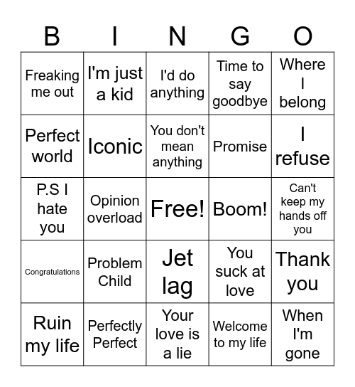 Simple Plan Bingo Card